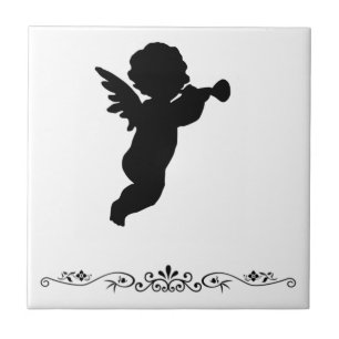 Black Cherub Silhouette On Coloured Background Tile