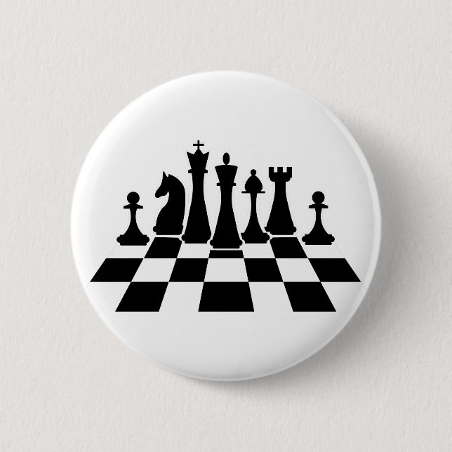 Black chess pieces on a chessboard 6 cm round badge (Front)