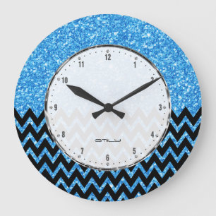 Black Chevron Blue Faux Glitter Large Clock