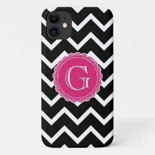 Black Chevron Hot Pink Monogram iPhone 11 Case