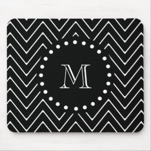 Black Chevron Pattern Black Monogram Mouse Pad