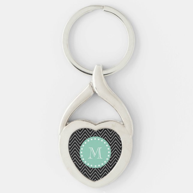 Black Chevron Pattern | Mint Green Monogram Key Ring (Front)