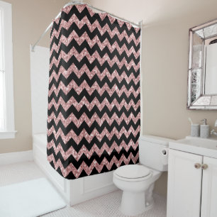 Black Chevron Pattern & Salmon Pink Glitter Print Shower Curtain