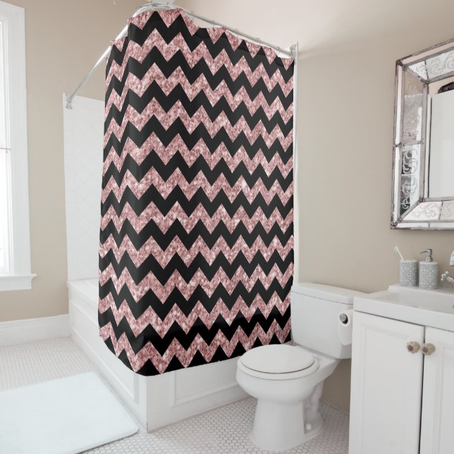 Black Chevron Pattern & Salmon Pink Glitter Print Shower Curtain (In Situ)