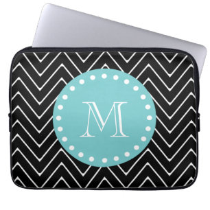 Black Chevron Pattern Teal Monogram Laptop Sleeve