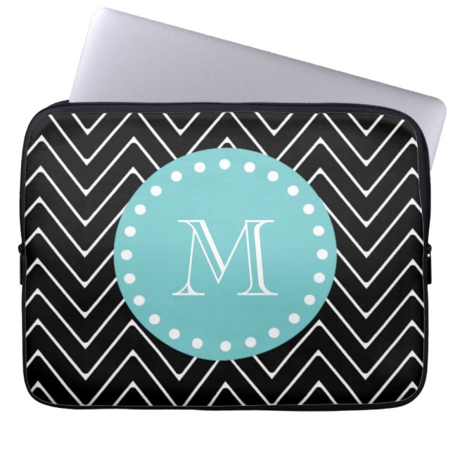 Black Chevron Pattern | Teal Monogram Laptop Sleeve (Front)