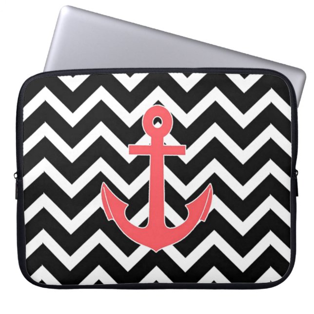 Black Chevron Pink Anchor Laptop Sleeve (Front)