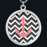 Black Chevron Pink Anchor Silver Plated Necklace<br><div class="desc">Black Chevron Pink Anchor</div>