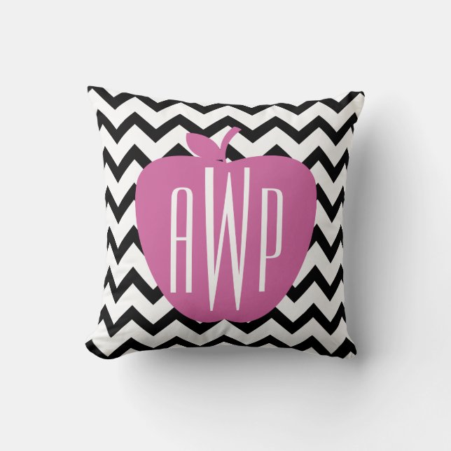 Black Chevron Pink Apple Monogram Teacher Cushion (Front)