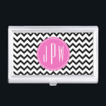 Black Chevron Pink Monogram Business Card Holder<br><div class="desc">A business card holder which can be customised by you with your monogram inside pink circle.  Background is black and white chevron.</div>