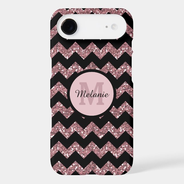 Black Chevron Rose Pink Glitter Monogram Case-Mate iPhone Case (Back)
