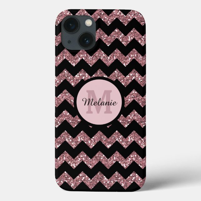 Black Chevron Rose Pink Glitter Monogram Case-Mate iPhone Case (Back)