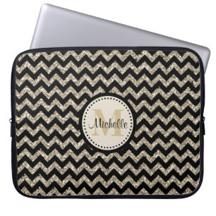 Black Chevron Silver Gold Faux Glitter Monogram Laptop Sleeve