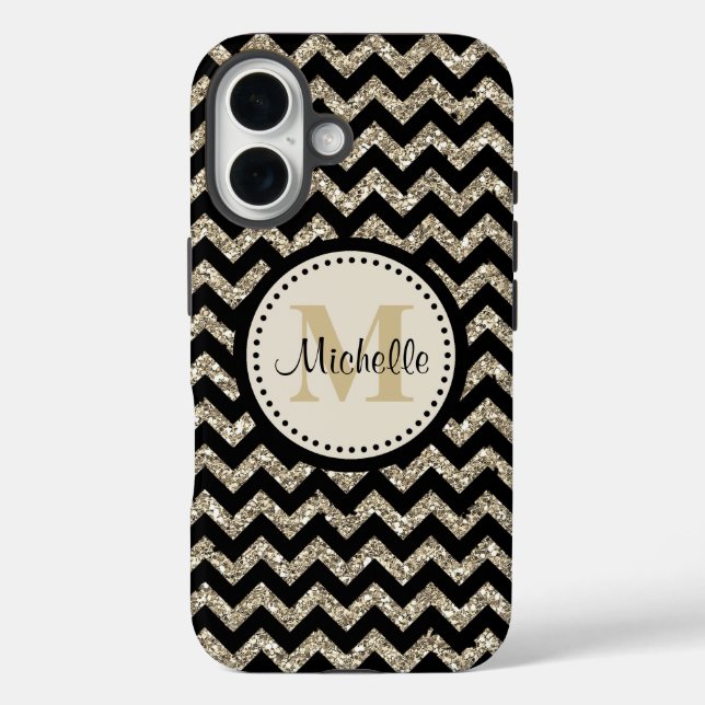 Black Chevron Silver Gold Monogram Case-Mate iPhone Case (Back)