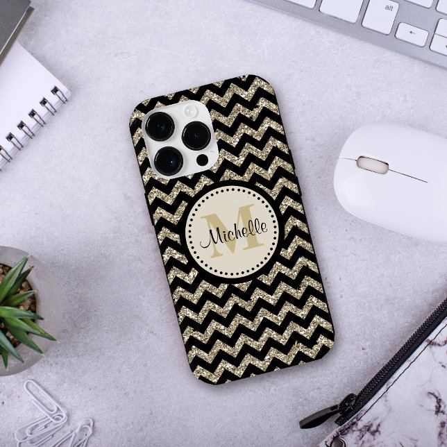 Black Chevron Silver Gold Monogram Case-Mate iPhone Case (Creator Uploaded)