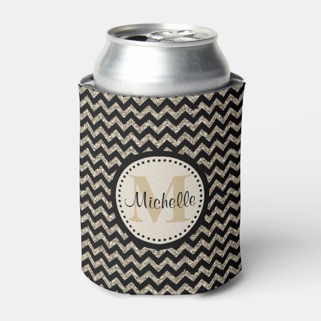 Black Chevron Silver Gold Personalised Can Cooler (Can Front)