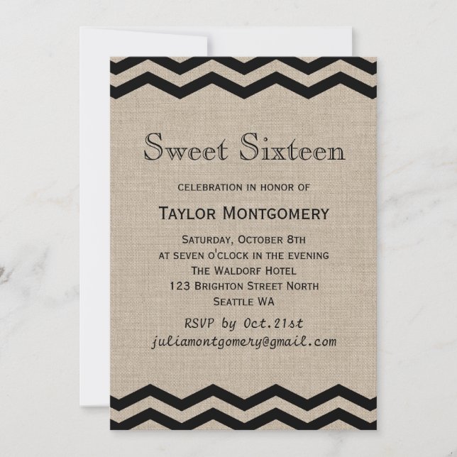 Black Chevrons on Burlap Sweet Sixteen Invitation (Front)