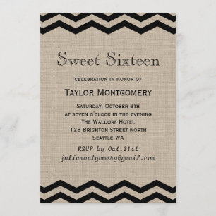 Black Chevrons on Burlap Sweet Sixteen Invitation
