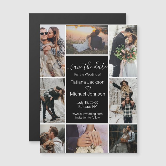 black chic 8 photos collage save the date magnet (Front/Back)