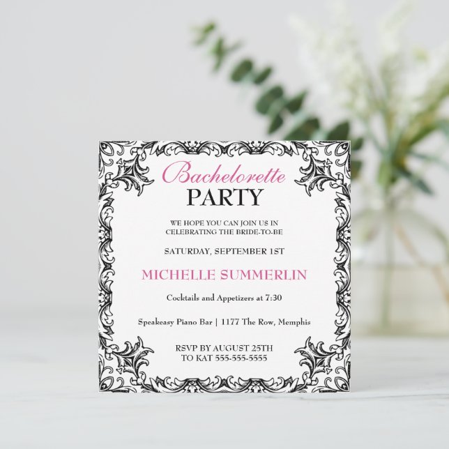 Black Chic Border Bachelorette Party Invitation (Standing Front)