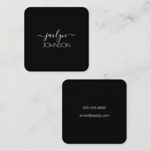 Black Chic Elegant White Script Personalised Name Square Business Card