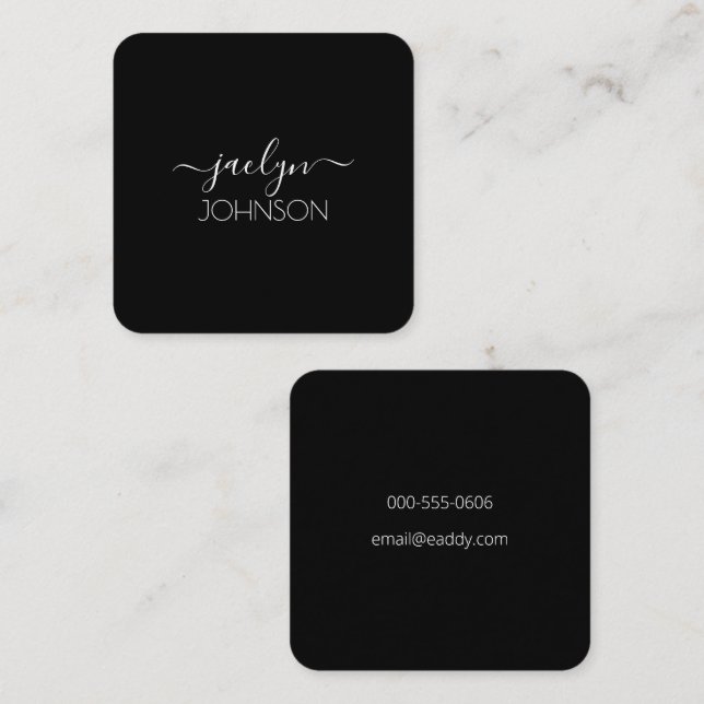 Black Chic Elegant White Script Personalised Name Square Business Card (Front/Back)