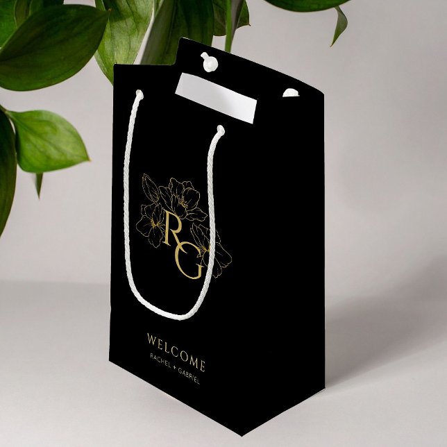 Black | Chic Faux Gold Monogram Welcome Wedding  Small Gift Bag (Creator Uploaded)