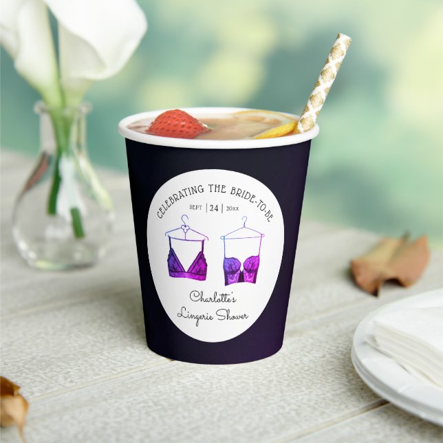Black Chic Lace Watercolor Lingerie Bridal Shower Paper Cups (Insitu)