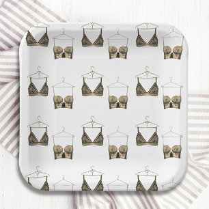 Black Chic Lace Watercolor Lingerie Bridal Shower  Paper Plate