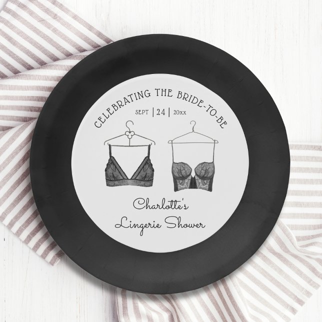 Black Chic Lace Watercolor Lingerie Bridal Shower Paper Plate (Creator Uploaded)