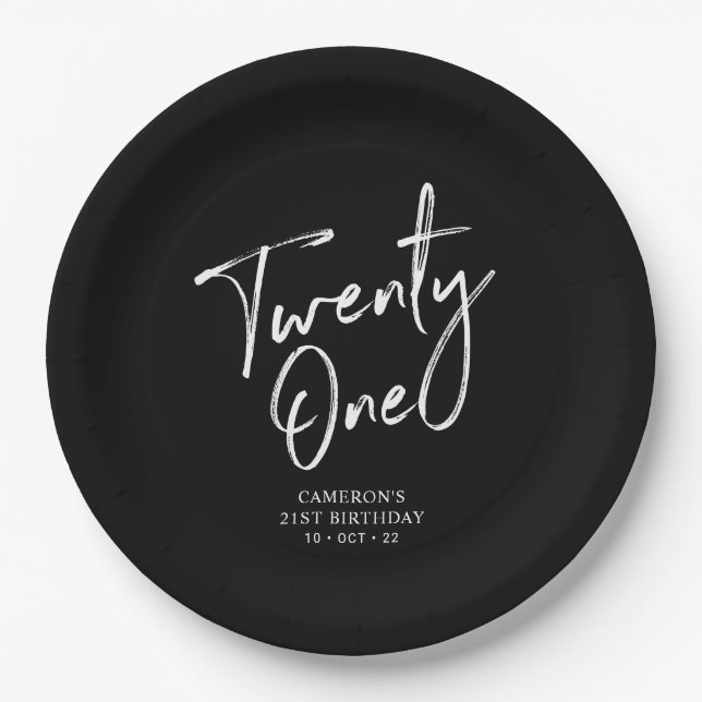 Black Chic Modern Lettering 21st birthday Paper Plate (Front)