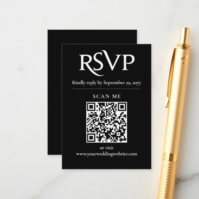 Black Chic Modern RSVP QR code wedding Enclosure Card (Front/Back In Situ)