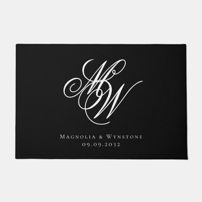 Black Chic Monogram Newlyweds Doormat (Front)