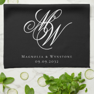 Black Chic Monogram Wedding Tea Towel