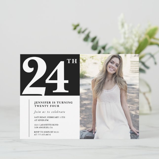 Black Chic Photo 24th birthday Invitations (Standing Front)