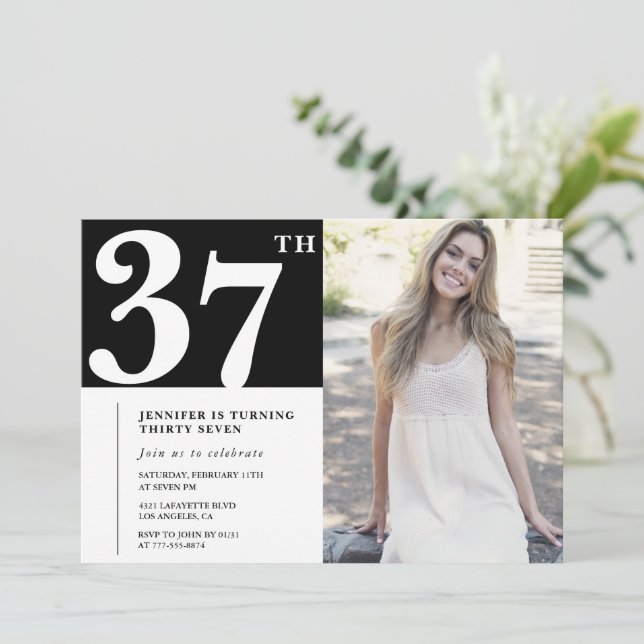 Black Chic Photo 37th birthday Invitations (Standing Front)