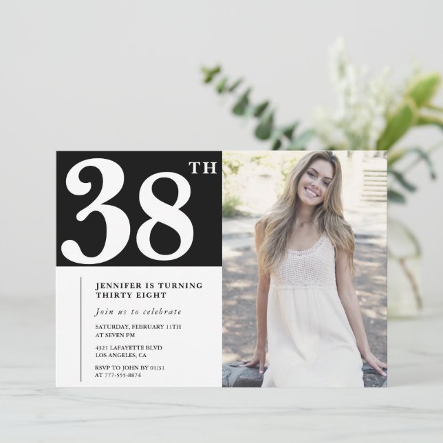Black Chic Photo 38th birthday Invitations (Standing Front)