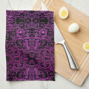 Black chic pink Gradient botanical vintage floral Tea Towel