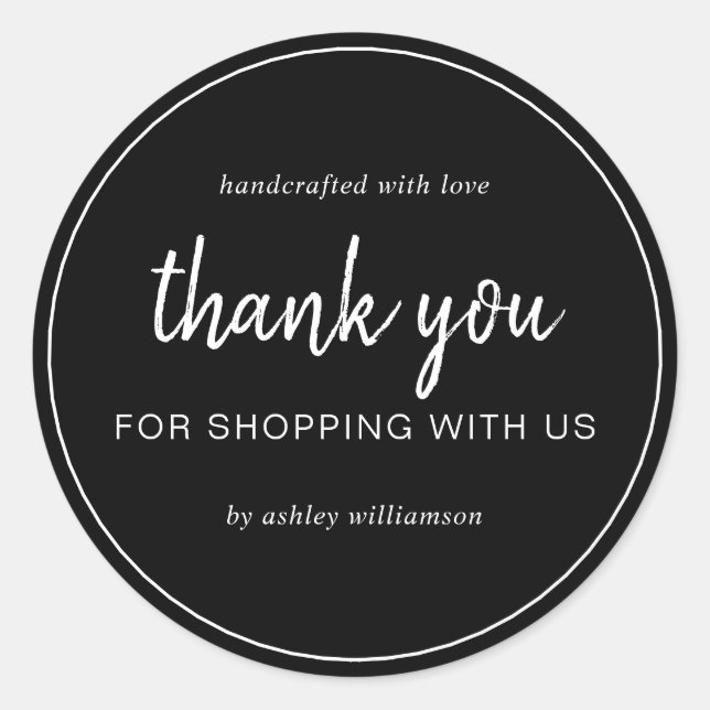 Black Chic Script Thank You For Shopping Classic Round Sticker (Front)