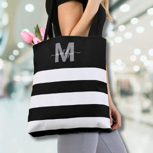 Black Chic Stripes Name Monogrammed Tote Bag