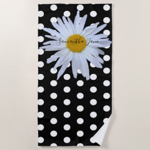 Black Chic White Polka Dots Daisy Custom Beach Towel