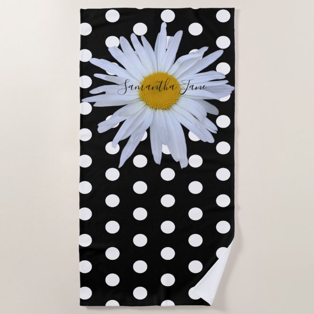 Black Chic White Polka Dots Daisy Custom Beach Towel (Front)