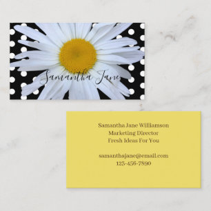 Black Chic White Polka Dots Daisy Custom Business Card