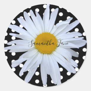 Black Chic White Polka Dots Daisy Custom Classic Round Sticker