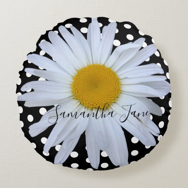 Black Chic White Polka Dots Fun Daisy Custom Round Cushion (Front)