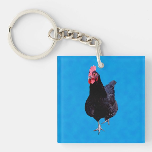 Black Chicken On Sponged Blue Background, Key Ring (Front)