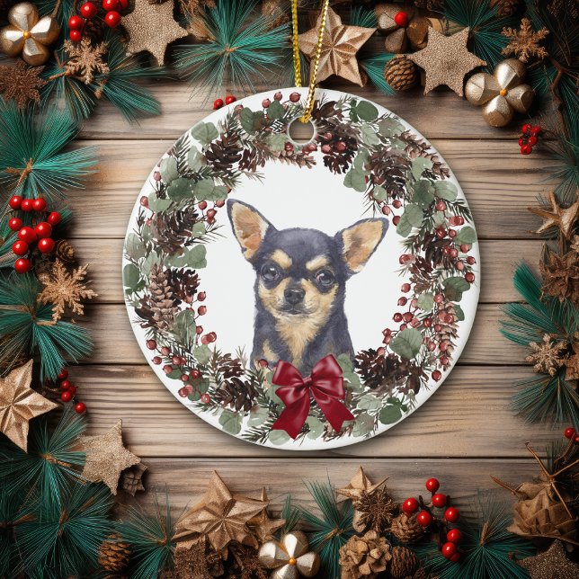 Black Chihuahua Dog Pinecone Wreath Personalised  Ceramic Ornament (Creator Uploaded)