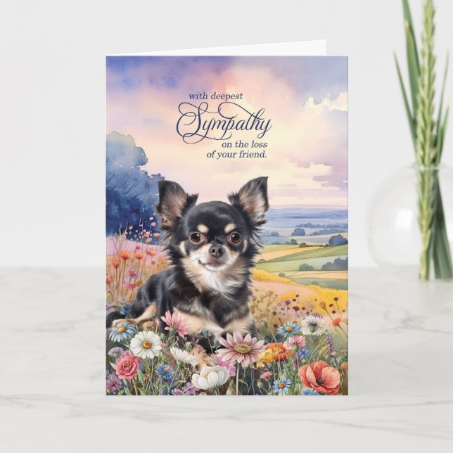 Black Chihuahua Field of Wildflowers Pet Sympathy Card (Front)
