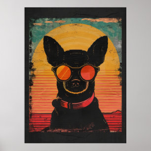 Black Chihuahua Silhouette Retro Sunrise Poster
