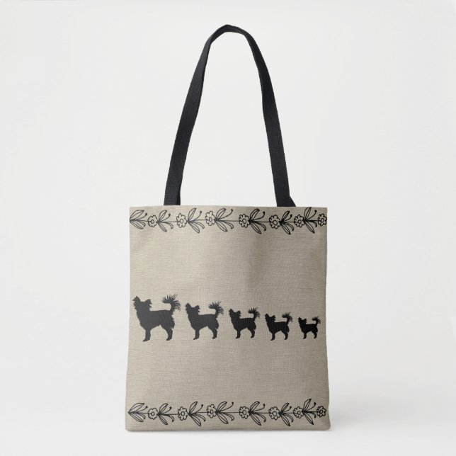 Black Chihuahua Silhouette Vintage Floral Tote Bag (Front)